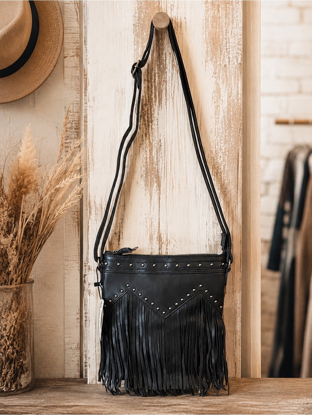 Western Fringe Crossbody Bag Vegan Leather Studded Boho Cowgirl Purse Handbag